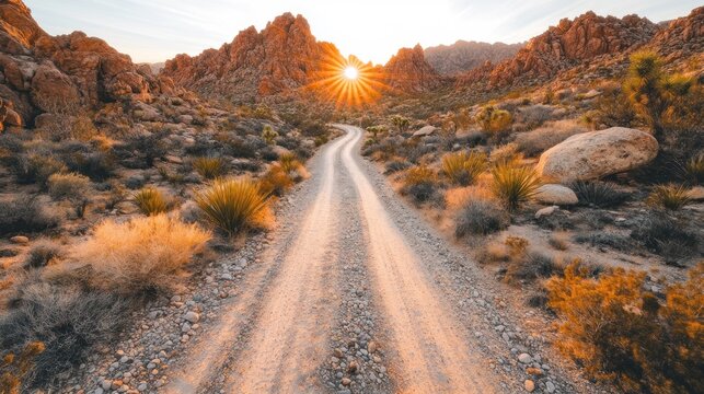 Dusty road winding through a desert landscape at sunset.