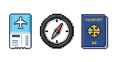 Pixel art travel icons airplane ticket, compass, passport for retro adventure
