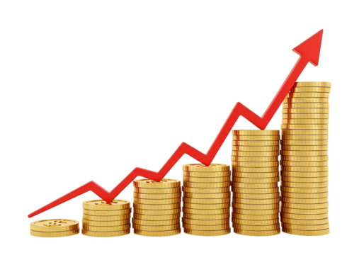 Growing Stacks of Golden Coins and Red Upward Arrow Symbolizing Financial Success, Business Growth, and Investment Profit, isolated on transparent background. - Powered by Adobe