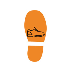 An orange footprint graphic with a black outline of a shoe inside.