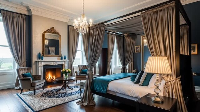 Experience supreme comfort in this opulent hotel suite, featuring a four-poster bed and cozy