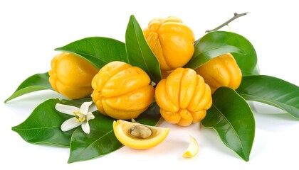 Close-up of ripe yellow citrus fruits with leaves and blossom on white background