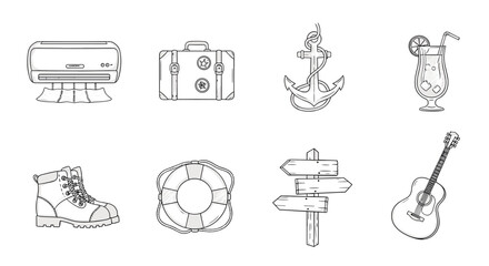 Fototapeta premium Hand drawn summer vacation icons travel, adventure, leisure
