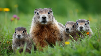 Fototapeta premium A cute groundhog on a festive spring day. Groundhog Day. A groundhog with fluffy fur. Landscape view.