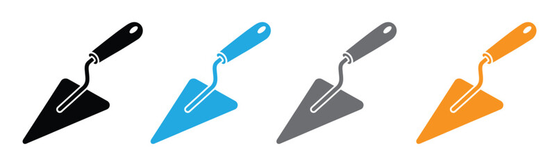 A simple outline icon of a trowel, a common construction and masonry tool used for spreading, shaping, and smoothing materials like cement or plaster, isolated on white.