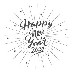Happy New Year 2026 clipart with rays of blast and stars. New year greeting text for calendar, party celebration, banner and poster card template. Vector illustration.