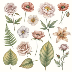 Botanical Illustration with Roses Lily Peony and Maple Leaves