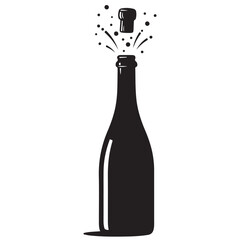 Black Silhouette of a Popping Celebration Bottle with Flying Cork and Splashes