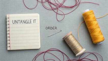 Creative workspace with colorful threads, notepad, needle, and yarn showing organizational tips for sewing and crafting enthusiasts