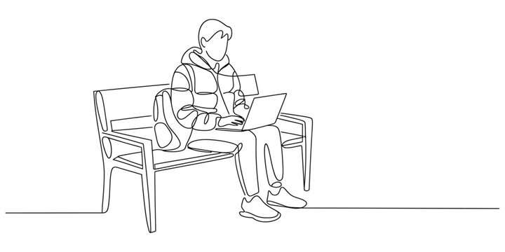 Continuous line drawing of student using laptop on a park bench