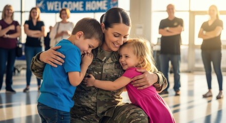 Emotional military homecoming with mother in uniform hugging happy young son and daughter, joyful family reunion at airport, support and love concept