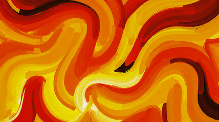 A vibrant abstract digital art piece featuring flowing, curved brush strokes in warm orange and yellow tones.