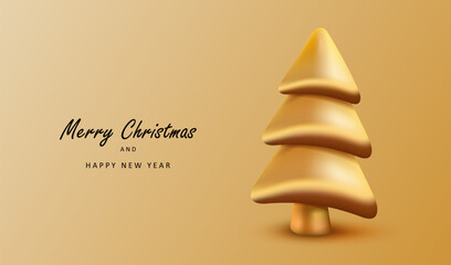 Realistic gold 3d tree element of decoration. Merry Christmas golden card. Holiday vector background.