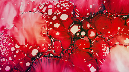 A vibrant abstract watercolor painting with a marbled texture dominated by deep magenta and bright red hues.