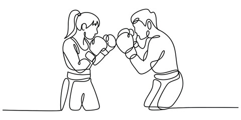Continuous line art drawing of man and woman boxing, sparring