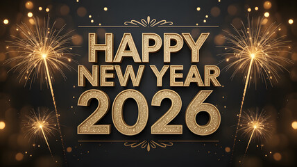 Festive Happy New Year 2026 Greeting Card with Gold Typography