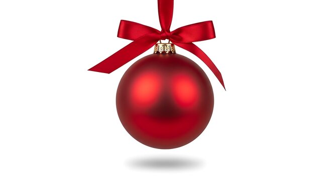 Festive Red Christmas Ornament with Ribbon on White Background.
