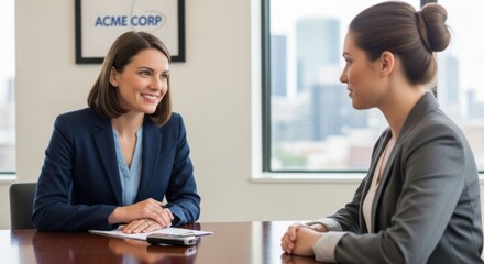 Job interview conversation. HR manager meeting a female applicant. Two businesswomen in a corporate office. Human resources, recruitment, hiring, and professional career concept.