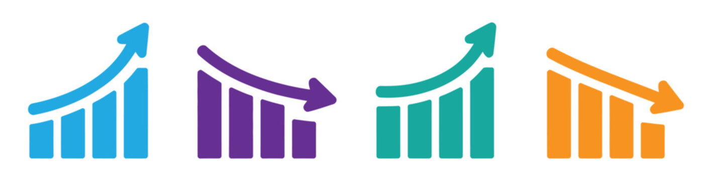 Up and down graph chart vector icon set. growth increase and decrease sign. economy rise and decline symbol. upward or downward trend bar chart icon