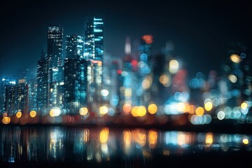 Blurred city skyline lights reflect on water, night scene