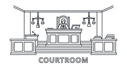 A minimalist line art illustration of a courtroom scene, featuring a judge presiding from a bench, scales of justice hanging, a witness stand with a microphone, and the word "COURTROOM" prominently
