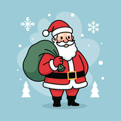 Cute Cartoon Santa Claus with Gift Bag | Christmas Holiday Vector Illustration