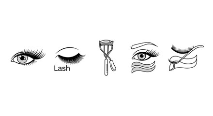 Minimalist vector cartoon illustration featuring a set of ordered line icons, including a striking white eye with lashes and a stylized wave symbol, presented against a clean white background