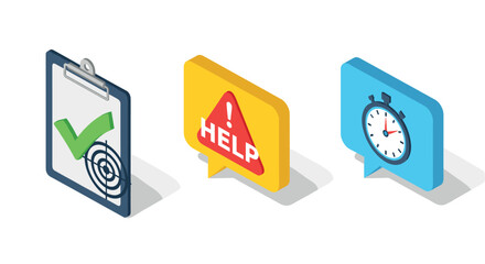 Colorful isometric icons checklist, alert, and stopwatch in speech bubbles