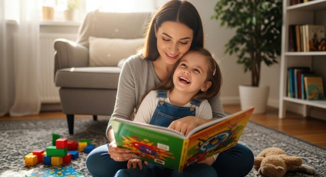 Happy mother and little daughter reading a book together on the floor in a cozy living room. Smiling girl laughing while listening to a fairytale. Family, home, education concept.