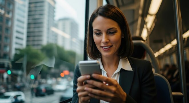 Confident businesswoman commuting on a city train, smiling while using smartphone. Professional female manager typing on mobile phone. Urban public transport travel concept.