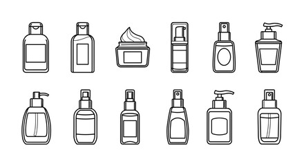 Fototapeta premium Collection of twelve different cosmetic bottles and containers, including spray bottles, pump dispensers, and jars with lids, presented as a clean, white outline vector illustration on a black