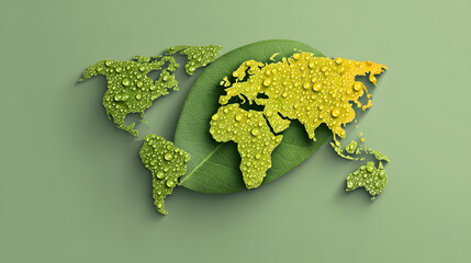 A world map made with water drops on a leaf, depicting environmental sustainability and global harmony. The map is set against a serene backdrop