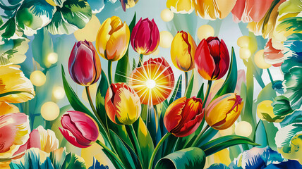 A vibrant, ethereal floral digital art composition with overlapping translucent flowers