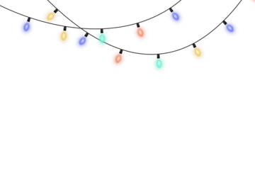 Bright festive Christmas light borders with colorful glowing bulbs and realistic holiday illumination isolated on transparent PNG background for decorative seasonal graphics and card designs
