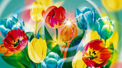 A vibrant, ethereal floral digital art composition with overlapping translucent flowers