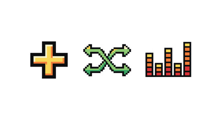 Obraz premium Retro pixel icons of plus sign, shuffle arrows, and equalizer bars