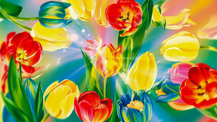 A vibrant, ethereal floral digital art composition with overlapping translucent flowers