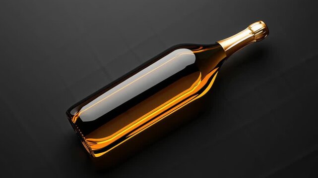 Amber liquor gold cap glass bottle black background with studio lighting and reflective surface, minimalist style and elegant design, glossy luxury