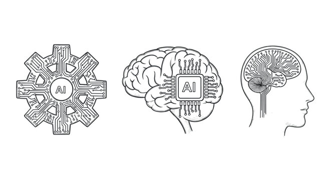 Futuristic ai circuitry concepts with brain and human head in monochrome design
