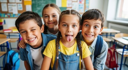 Happy group of diverse elementary school friends having fun in the classroom. Cheerful pupils making funny faces together. Concept of childhood, friendship, and back to school.