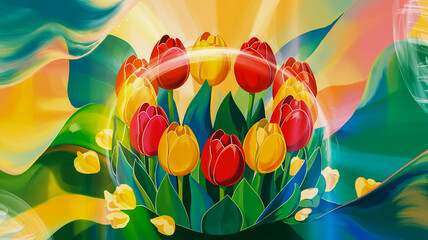 A vibrant, ethereal floral digital art composition with overlapping translucent flowers