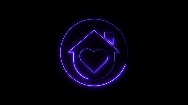 Neon house heart symbol glowing purple abstract background love home concept real estate icon digital art motion graphic