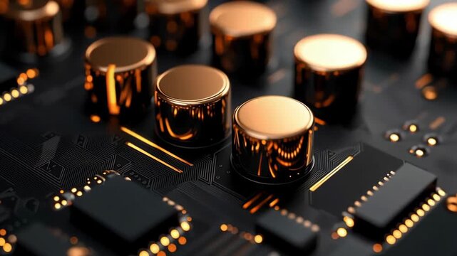 Copper knob dial audio mixer console control panel circuit board black gold glossy macro modern technology surfaces sleek futuristic lighting shallow
