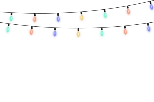 Realistic 3D Christmas lights isolated on transparent background featuring glowing festive bulbs, bright holiday illumination, and decorative garland elements perfect for Xmas greeting cards and seaso - Powered by Adobe