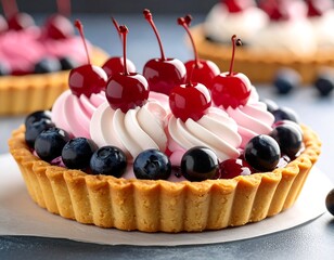 Close-up of a tart with whipped cream and berries