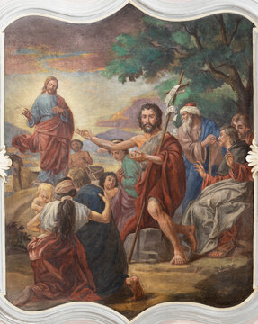 BAD REICHENHALL, GERMANY - SEPTEMBER 8, 2025: The fresco of Sermon of St. John the Baptist (Lamb of God)  in the church St. Johannes Spitalkirche Leonhard Thoma (1912).