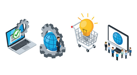 Isometric business technology concepts with laptops and cogs
