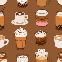 Seamless coffee pattern with cute drinks. Cartoon vector of cappuccino, latte, mocha, bubble tea, iced coffee, hot chocolate, and bear latte art. Cozy winter cafe design illustration.
