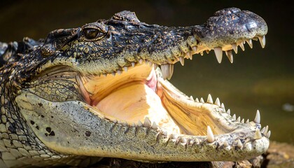 Obraz premium Crocodile basking in sun with mouth agape, revealing sharp teeth