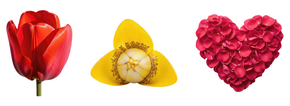 Red Tulip Flower Yellow Banana Blossom Bud and Deep Pink Rose Petal Heart Shape Arrangement Isolated on White Background Romance Love Celebration Floral